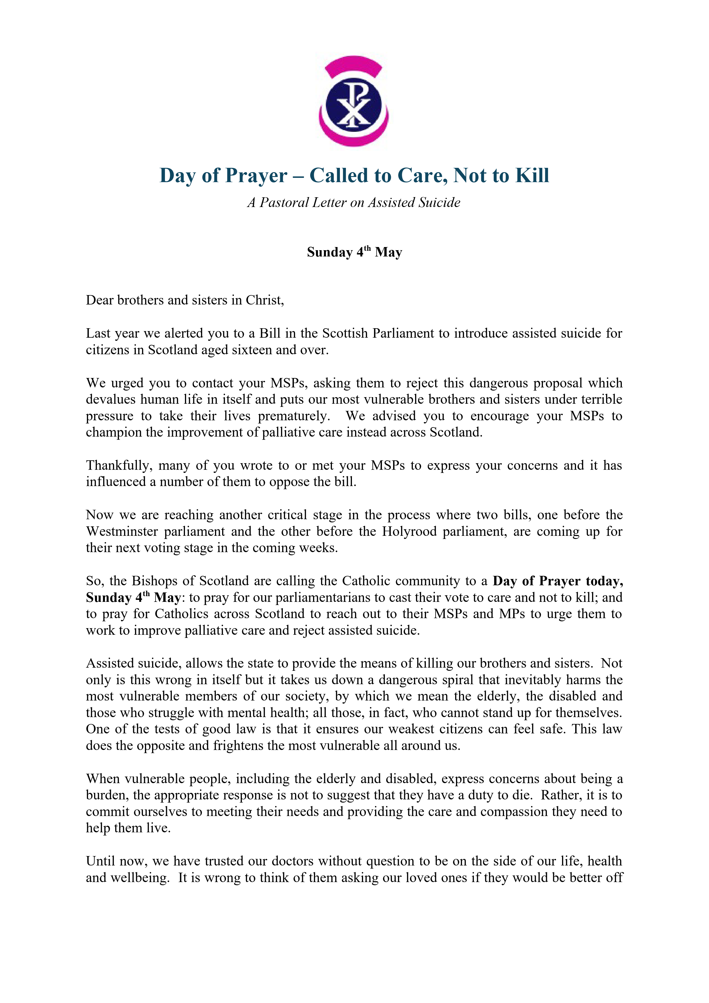 Pastoral Letter on Assisted Suicide - National Day of Prayer - April 2025